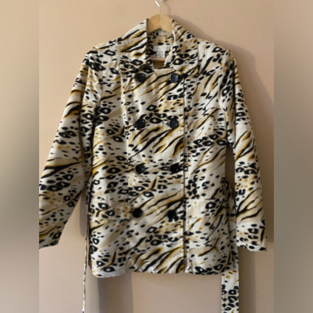 Tweeds Silk Blend Animal Print Trench Style Jacket Women’s Size Small Belted